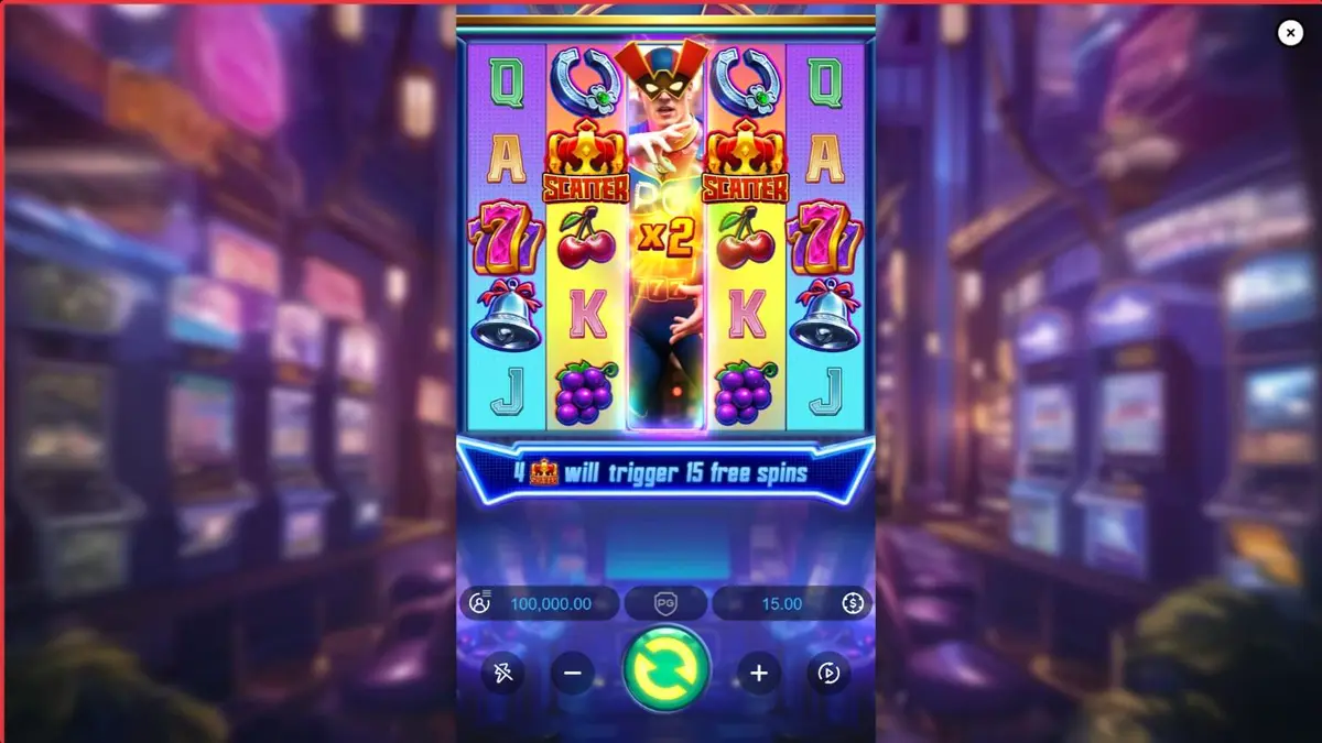 Super Wildrix slot com tema de super-herói e luzes neon