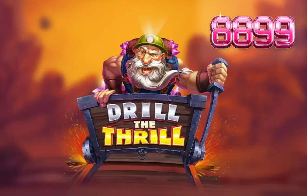 Interface do jogo de slot Drill the Thrill com elementos de mineração e brocas industriais.