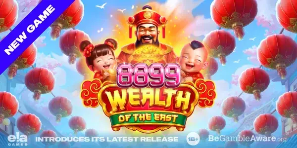 Cena festiva do jogo de slot Wealth of the East com lanternas orientais